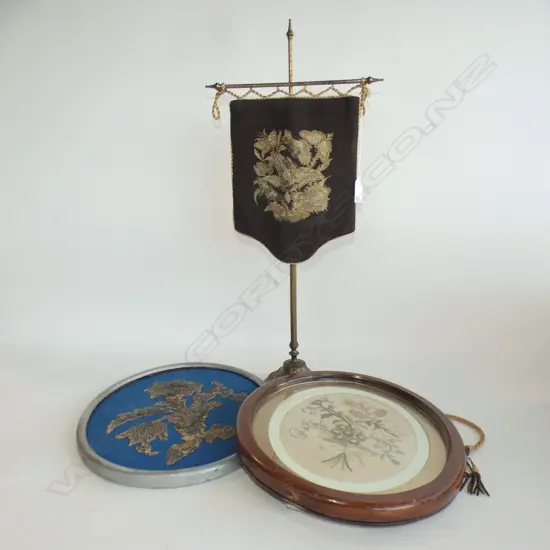 Two pole screens plus antique metalwork embroidery.